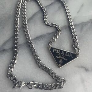 Prada Silver and Black Triangle Pendant Necklace